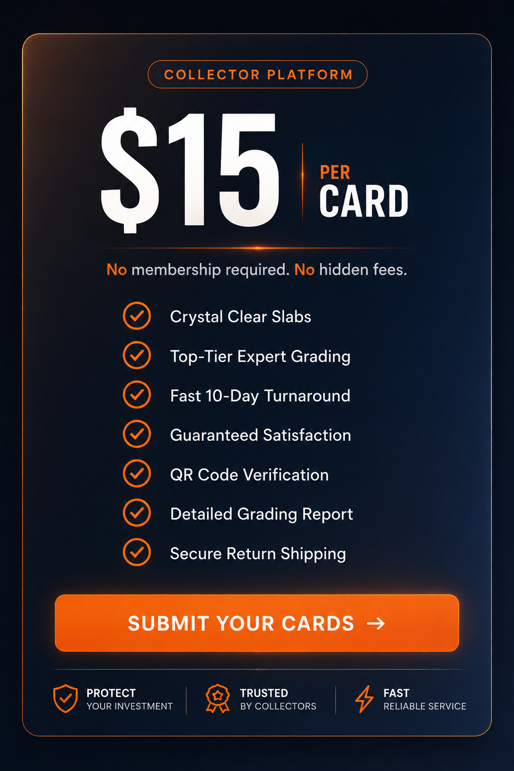 VCG Collector Platform: $15 per card, premium services, and submission call to action