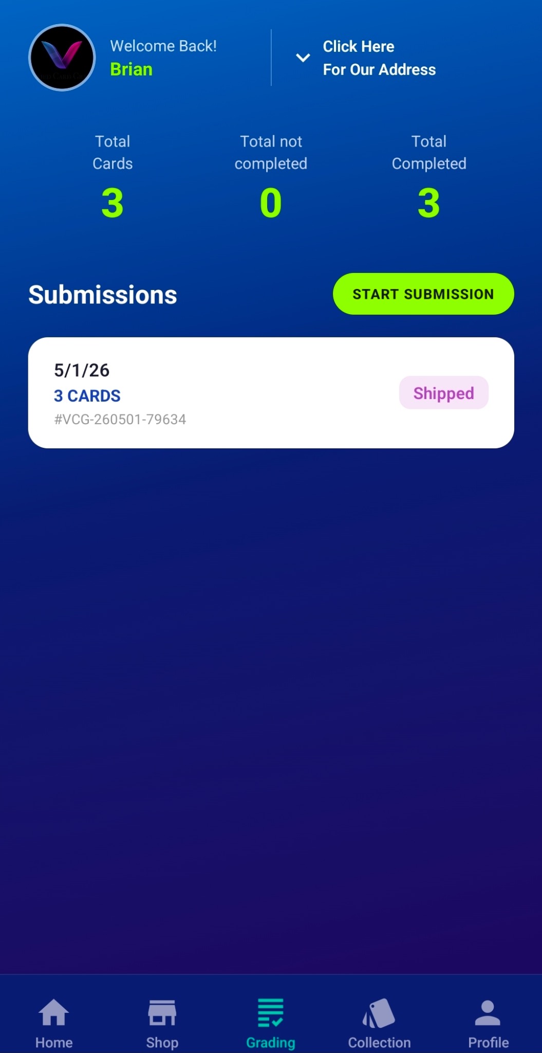 VCG app grading submission screen